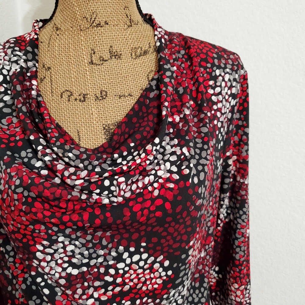 Black and Red static abstract print tunic top drape neck 3/4 length sleeves Med - Picture 2 of 5